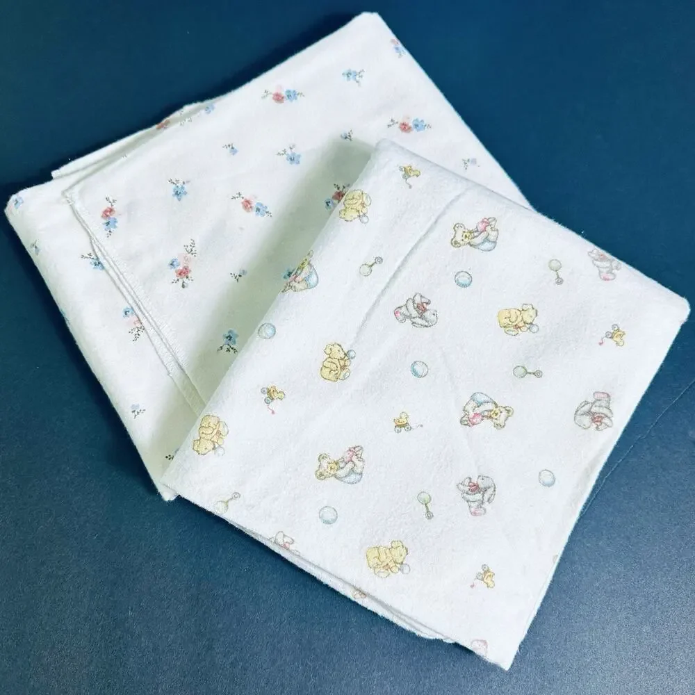 2 Carter’s Baby Receiving Blankets 100% Cotton 30x40 VTG Print Bears & Floral